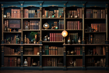 Bookshelf filled with a variety of books in a cozy home library. - obrazy, fototapety, plakaty