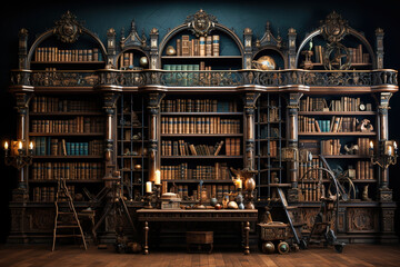 Bookshelf filled with a variety of books in a cozy home library. - obrazy, fototapety, plakaty