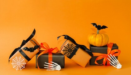 Festive surprise in boxes for Halloween.  Bright beautiful packaging with holiday attributes on an...