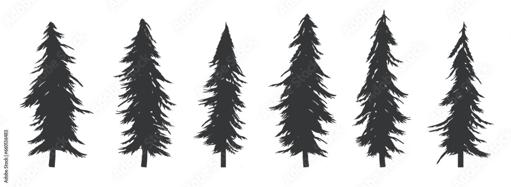 Poster detailed vector trees - collection of tree designs in the style of fir and pine. flat design silhoue