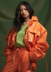 Fototapeta premium Asian girl model wearing an oversized jacket. Green, orange, mustard color outfits. Spring Summer fashion collection.