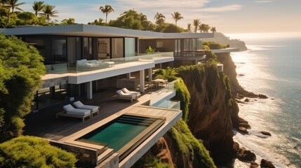 Obraz premium A modern cliffside villa and infinity pool with cantilevered architecture.