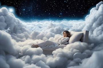 Woman sleep floating on a bed in a dreamy cloud-filled sky. - obrazy, fototapety, plakaty