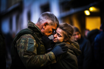 Fototapeta na wymiar Support of the military. Soldier hugs crying young woman. Serious soldier express condolence, sympathy, help, say goodbye to his family