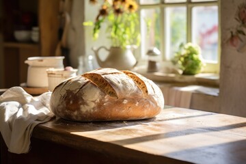 A freshly baked loaf of bread on a wooden cutting board in a cozy kitchen.