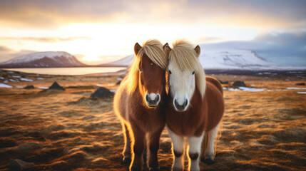 shaggy stocky Icelandic horses stand against a background of grassy hills and plains, animals, mane, pony, breed, north, Iceland, landscape, gait, wildlife, equine, bangs, sky, river - obrazy, fototapety, plakaty