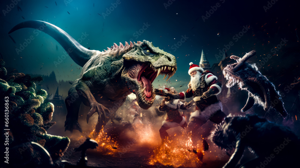 Aufkleber group of elves fighting with t - rex in front of fire.
