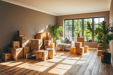 A living room filled with lots of boxes packaging for moving. - obrazy, fototapety, plakaty