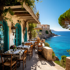 restaurant on the sea restaurant, table, cafe, chair, chairs, street, greece, sea, hotel, old, architecture, view, europe, 