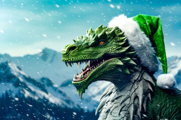 Fototapeta premium Close up of dragon wearing santa claus hat in the snow.