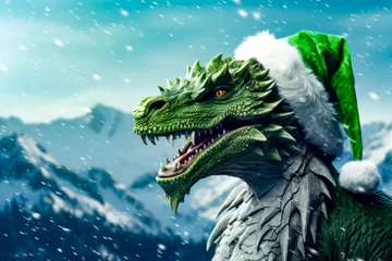 Tuinposter Close up of dragon wearing santa claus hat in the snow. © Констянтин Батыльчук