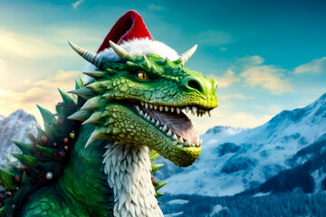 Green dragon with horns and santa hat on it's head.
