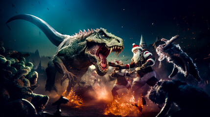 Group of elves fighting with t - rex in front of fire.