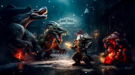 Dragon attacking knight in front of dragon in dark city.