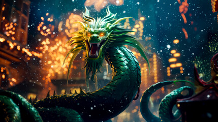 Green dragon with its mouth open and glowing in the background of city at night.