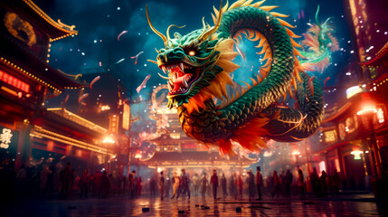 Dragon statue in front of crowd of people at chinese festival. - obrazy, fototapety, plakaty