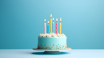 birthday cake with 6 (six) candles on pastel blue background with copy space - Powered by Adobe