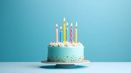 Fotobehang birthday cake with 6 (six) candles on pastel blue background with copy space © Prasanth