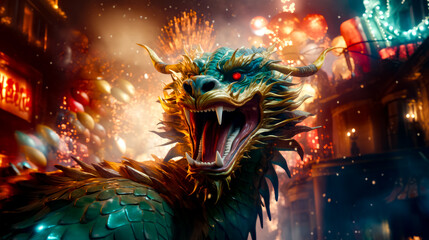Close up of dragon with its mouth open and fireworks in the background.