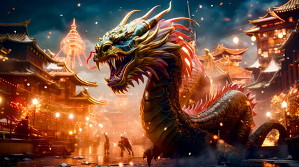 Dragon with its mouth open in front of city with tall buildings.