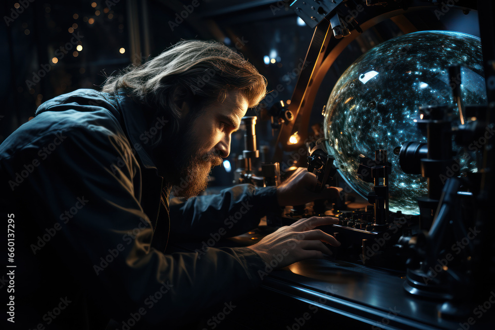 Poster astronomers peering through a telescope, representing the curiosity and pursuit of knowledge in the 