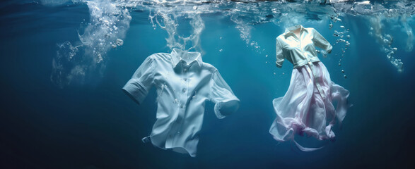 cleaning clothes washing machine or detergent liquid commercial advertisement style with floating shirt and dress underwater with bubbles and wet splashes laundry work as banner design with copy space - obrazy, fototapety, plakaty