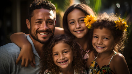 close up de familia latina enla naturaleza sonrientes disfrutando de la primavera  - obrazy, fototapety, plakaty