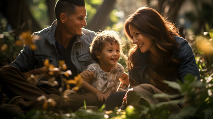 Familia Latina Disfrutando de la Primavera en un Día Soleado en el Bosque con luz en sus cabellos y diversion garantizada