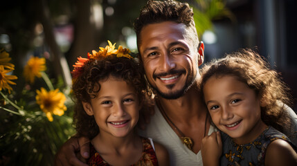 close up de familia latina enla naturaleza sonrientes disfrutando de la primavera  - obrazy, fototapety, plakaty