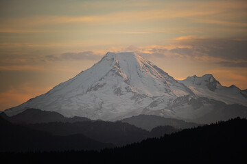 Image of Mt. Baker in the Cascade Range mountains, WA, USA. Sunset on Mount Baker creating a...