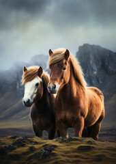 Fototapeta premium shaggy stocky Icelandic horses stand against a background of grassy hills and plains, animals, mane, pony, breed, north, Iceland, landscape, gait, wildlife, equine, bangs, sky, river