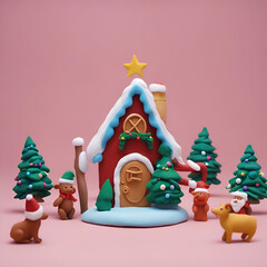 Christmas gingerbread house with animals on a pink background. 3d rendering