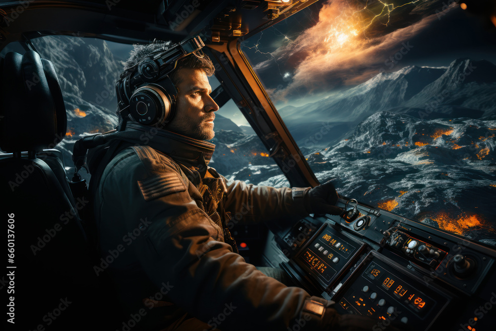 Poster astronauts aboard a spacecraft on a journey to the outer reaches of the solar system, exploring the 