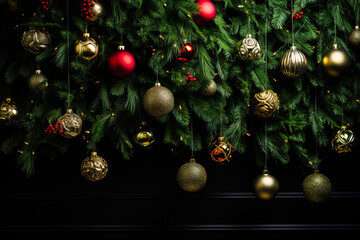 A shiny Christmas ball hangs on a Christmas tree branch against a multi-colored bokeh background.