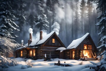 a cozy winter scene featuring a charming small house covered in snow, with the warm glow of interior lights shining through the windows. 