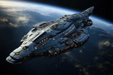 Obraz premium An artist's representation of an interstellar spacecraft, symbolizing humanity's enduring quest to explore the stars. Concept of interstellar travel. Generative Ai.