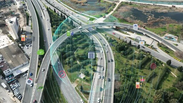 Intelligent Vehicles Cars Communicating Ai Logistic Autonomous Delivery Vehicles IoT GPS Tracking Satellite 5G Smart Roads Traffic Road Junction Interchange Motorway Triangulation Of Traffic Data