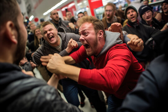 Midnight Black Friday shopping spree, with shoppers wielding shopping bags	