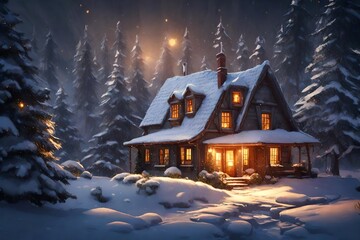 a cozy winter scene featuring a charming small house covered in snow, with the warm glow of interior lights shining through the windows. 