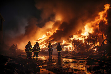 A group of firefighters standing in front of a fire.