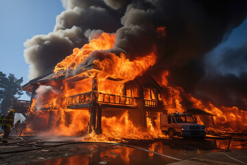 A house on fire with firemen in front of it. A burning house in flames during the day - obrazy, fototapety, plakaty
