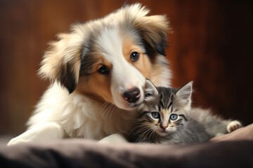 Obraz premium Cute puppy and kitten plying together