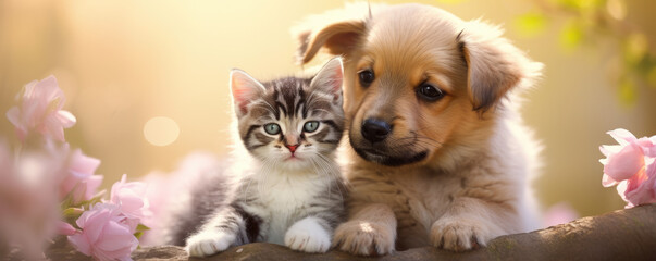Fototapeta na wymiar Cute puppy and kitten plying together