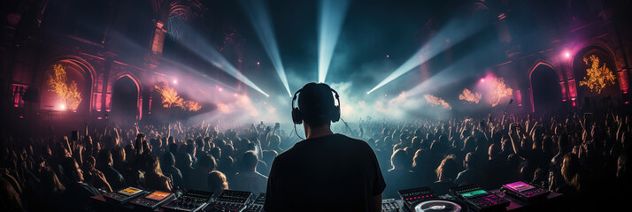 Photo of a DJ performing live at a high-energy concert, captivating a crowd with their music
