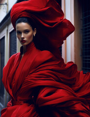 Glamorous young woman in a maroon gown, AI generated