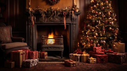 Fototapeta premium Christmas postcard with fireplace and Christmas tree