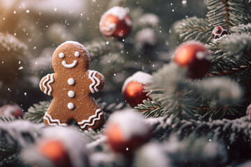 A gingerbread man stands on a snow-covered branch of a Christmas tree.