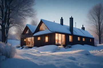  image of a small house exterior in a snowy winter landscape, with soft, warm light emanating from the windows. 