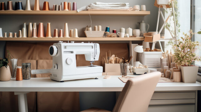 Sewing machine on table in tailor workshop.