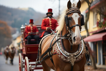 Obraz premium A St. Lucia's Day parade featuring a horse-drawn carriage carrying the Lucia Bride, accompanied by joyful caroling. Generative Ai.